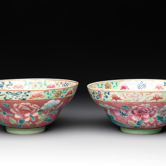 A pair of Chinese famille rose pink-ground bowls for the Straits or Peranakan market, Guangxu mark and of the period