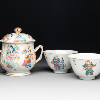 A Chinese Canton famille rose 'Wu Shuang Pu' covered sugar bowl and two bowls, 19th C.