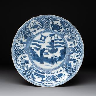 A Chinese blue and white dish with narrative design, Kangxi/Yongzheng