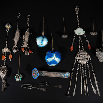 A collection of Chinese silver jewellery, some pieces adorned with enamel and precious stones, 19/20th C.