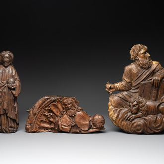 Two carved oak reliefs of Christ and one of Saint Mark, 15/16th C.