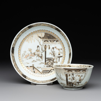 A fine Chinese gilt-decorated grisaille 'Xi Xiang Ji' cup and saucer, Yongzheng