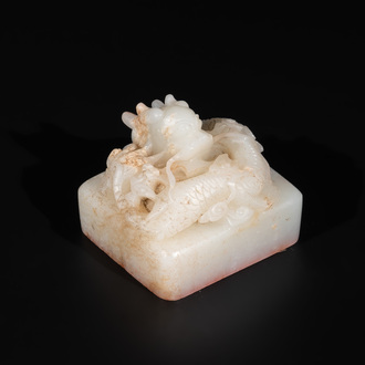 A Chinese white jade 'dragon' seal, Li Shiming 李世民 mark, Qing