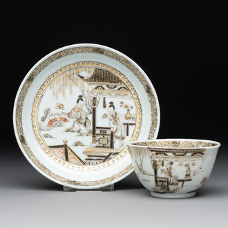 A fine Chinese gilt-decorated grisaille 'Xi Xiang Ji' cup and saucer, Yongzheng