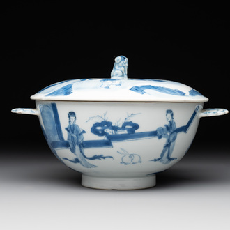 A Chinese blue and white 'Long Elizas and playing boys' covered bowl, Chenghua mark, Kangxi