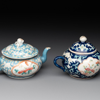 Two Chinese famille rose blue-ground teapots and covers for the Straits or Peranakan market, Tongzhi mark and of the period