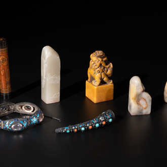 Four Chinese jade seals, a bamboo incense tube and two enamelled silver wares, 19th C.