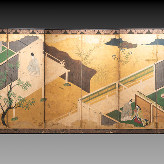 A Japanese six-panel 'byobu' screen: ink, colour and gold leaf on paper, with silk border, Edo, 18th C.