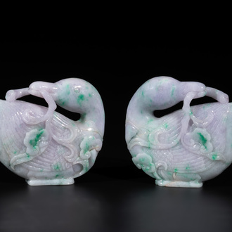 A pair of Chinese lavender- and apple-green jadeite mandarin ducks, Qing