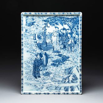 A massive Chinese blue and white rectangular 'Chang'e' tray or plaque, 19th C.