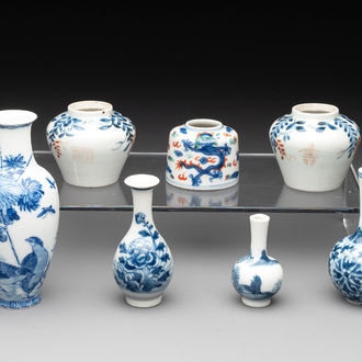 Seven Chinese blue, white and doucai vases, Wanli/Yongzheng/Qianlong mark, 19th C.