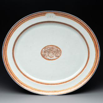 A large oval Chinese export 'EHA' monogrammed 'landscape' dish, Jiaqing, ca. 1800