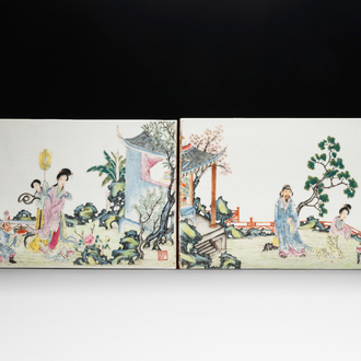 A pair of Chinese famille rose plaques with garden scenes, 19/20th C.