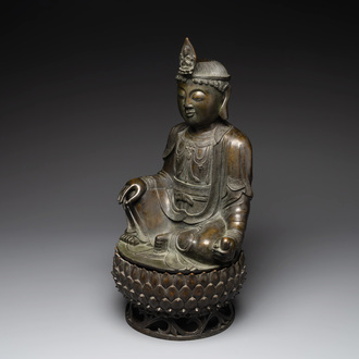 A Chinese bronze Bodhisattva on a lotus throne, Ming
