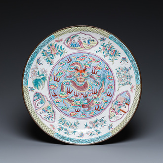 A Chinese Canton enamel 'dragon' dish, Kangxi mark, 19th C.