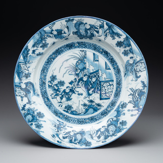 A large blue and white Dutch Delft chinoiserie dish, late 17th C.