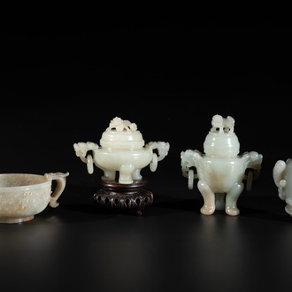 Two Chinese celadon jade censers, a snuff bottle and a two-handled cup, Ming and later