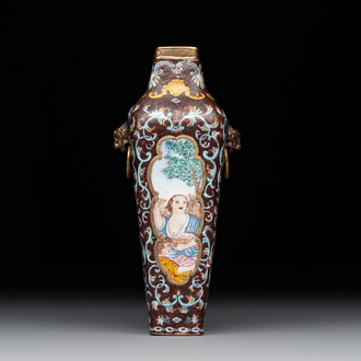 A square Chinese Canton enamel 'European subject' vase, Qianlong mark and probably of the period