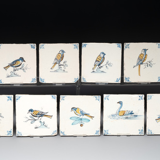 9 polychrome Dutch Delft 'bird' and 'swan' tiles, 17th C.