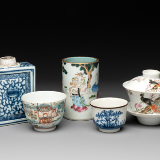 Five Chinese blue, white and famille rose wares, Qianlong and Xianfeng marks, 19/20th C.