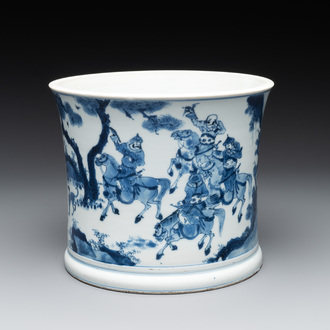 A rare Chinese blue and white 'Mongolian hunt' brush pot, Wen Zhang Shan Dou 文章山斗 mark, Kangxi