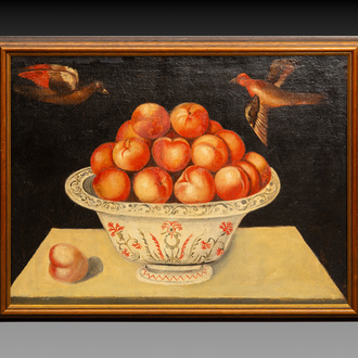 Follower of Blas de Ledesma (1556-1596): Still life with peaches, oil on canvas, 17th C.