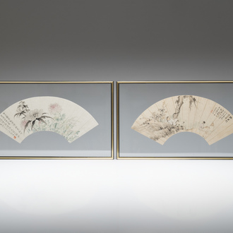 Two Chinese fans, ink and colour on paper, signed Zhang Chengxi 張承熙, dated 1919