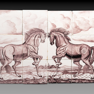 A pair of manganese Dutch Delft tile murals depicting stallions, probably Rotterdam, late 18th C.
