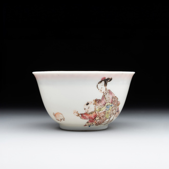 A fine Chinese famille rose 'lady, boy and rabbit' cup, Yongzheng