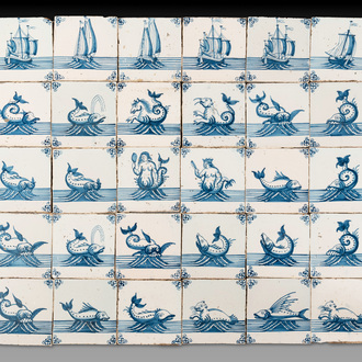 A field of 30 Dutch Delft blue and white tiles with sea creatures and ships, 18th C.