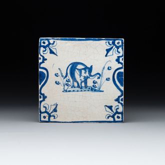 A blue and white Dutch Delft 'elephant' tile, 17th C.