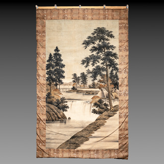 A Japanese embroidered wall tapestry with a river landscape, Meiji/Taisho, 19/20th C.