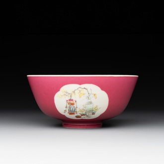 A Chinese famille rose ruby-ground 'antiquities' bowl, Jiang Xi Ci Ye Gong Si mark, Republic