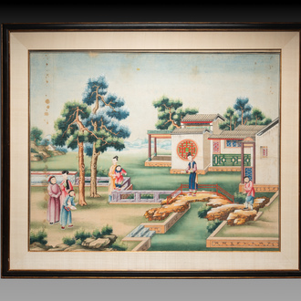 Canton school: 'Scene from the garden of the official residence', gouache on paper, Qianlong