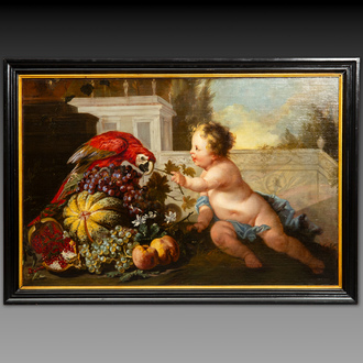 Jan Anton Garemijn (Bruges, 1712-1789): 'Putto with Parrot', oil on canvas, 18th C.