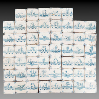 53 blue and white Dutch Delft tiles with animals and landscapes, 18th C.
