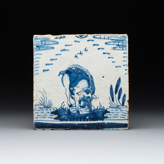 A blue and white Rotterdam 'crown' 'boar' tile, 17th C.