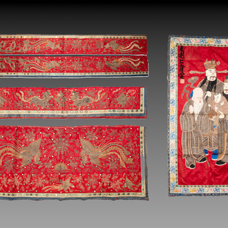 Five Chinese embroidered silk cloths with phoenixes, Buddhist lions and Sanxing, 19/20th C.