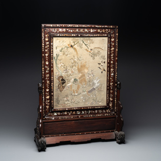 A Chinese mother-of-pearl-inlaid wooden table screen with silk embroidery, Canton, 19th C.