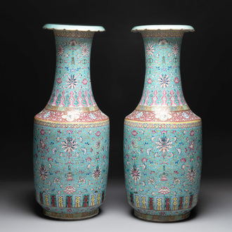 A pair of large Chinese famille rose turquoise-ground 'lotus scroll' vases, Guangxu mark and of the period