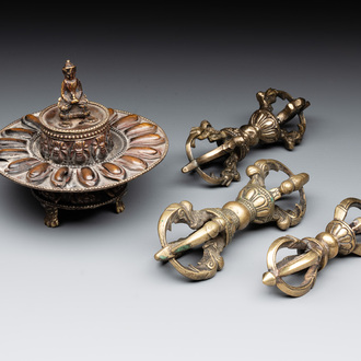 Three Tibetan bronze vajra and a copper incense burner, 18/20th C.