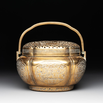 A Chinese bronze 'landscape' handwarmer, Qiu Fuxi 丘福禧 mark, 19th C.