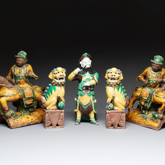 A pair of Chinese sancai-glazed rooftiles, a pair of Buddhist lions and a warrior, Ming and later
