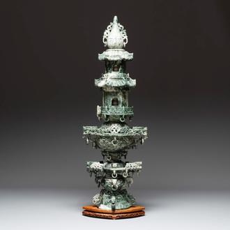 A massive Chinese jade pagoda on wooden stand, 20th C.