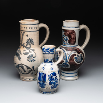 Three Westerwald stoneware jugs, 18th C.