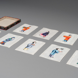 A set of nine Chinese Canton pith paper paintings in original box, Yong Tai Xuan 永泰軒造 mark, 19th C.