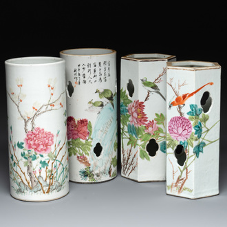Four Chinese famille rose 'birds and flowers' hat stands, signed Jiang Xiangzong 江湘宗 and Xing Ming 邢明, Tongzhi mark, 19th C.