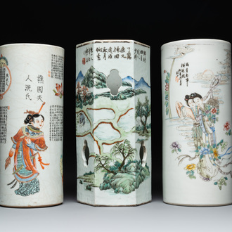 Three Chinese famille rose hat stands with figural design, signed Ao Shaoquan 敖少泉, Shen De Tang 慎德堂 and Tongzhi marks, dated 1910
