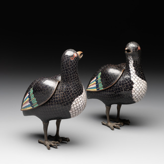 A pair of Chinese cloisonné quail-shaped incense burners and covers, 19th C.
