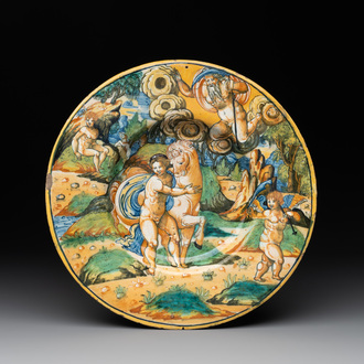 An Italian maiolica 'Saturn and Phylira' istoriato plate, 2nd half 16th C.